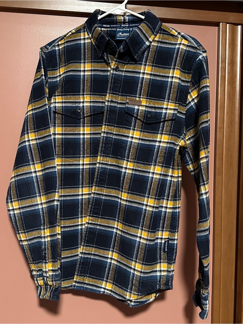 Indian Motorcycle Men’s Navy, Yellow & White Plaid Thick Flannel Shirt